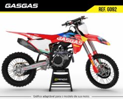 Kit gráfico GasGas Factory 2024 para motocross – adesivos personalizados de alta qualidade da Renova Grafix, com cores vibrantes, resistência profissional e encaixe perfeito nas carenagens. Visual exclusivo para quem busca desempenho e estilo nas pistas e trilhas.