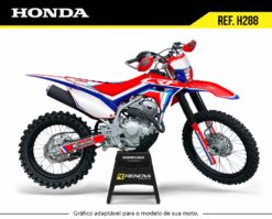 Moto Honda CRF 250F com kit gráfico personalizado Renova Grafix – Ref. H288, design vibrante em vermelho, azul e branco, adaptável a diferentes modelos, ideal para motocross e trilha.