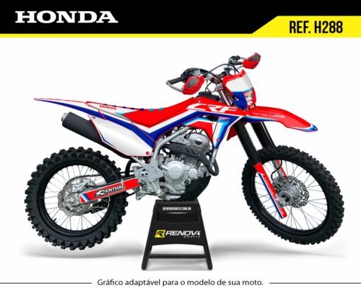 Moto Honda CRF 250F com kit gráfico personalizado Renova Grafix – Ref. H288, design vibrante em vermelho, azul e branco, adaptável a diferentes modelos, ideal para motocross e trilha.