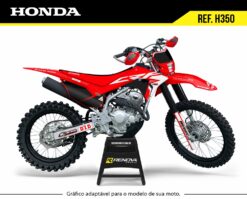 Moto Honda CRF 250F com kit gráfico personalizado Renova Grafix – Ref. H350, visual tradicional em vermelho com detalhes brancos e pretos, adaptável a diferentes modelos, ideal para motocross e trilha.