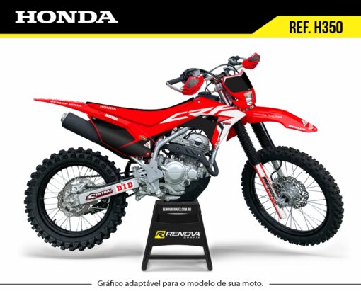 Moto Honda CRF 250F com kit gráfico personalizado Renova Grafix – Ref. H350, visual tradicional em vermelho com detalhes brancos e pretos, adaptável a diferentes modelos, ideal para motocross e trilha.