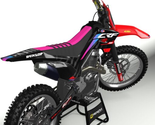 Moto Honda CRF 250F com kit gráfico personalizado Renova Grafix – Ref. H682, estilo moderno em preto, vermelho e detalhes neon, adaptável a diferentes modelos, perfeita para motocross e trilha.