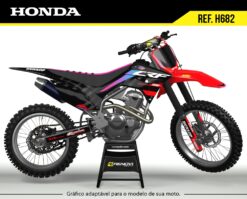 Moto Honda CRF 250F com kit gráfico personalizado Renova Grafix – Ref. H682, estilo moderno em preto, vermelho e detalhes neon, adaptável a diferentes modelos, perfeita para motocross e trilha.