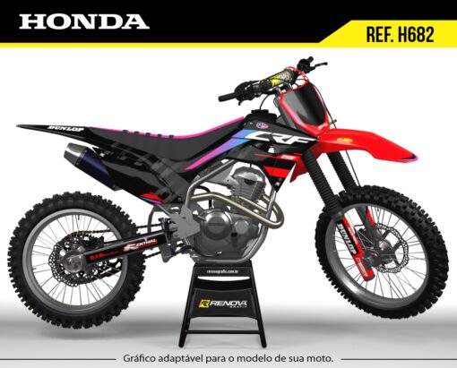 Moto Honda CRF 250F com kit gráfico personalizado Renova Grafix – Ref. H682, estilo moderno em preto, vermelho e detalhes neon, adaptável a diferentes modelos, perfeita para motocross e trilha.