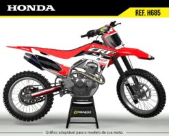 Moto Honda CRF 250F com kit gráfico personalizado Renova Grafix – Ref. H685, design clássico em vermelho, preto e branco, adaptável a diferentes modelos, ideal para motocross e trilha.