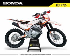 Moto Honda CRF 250F equipada com kit gráfico personalizado Renova Grafix – Ref. H735, com design esportivo em branco, preto e detalhes laranja, adaptável a diferentes modelos, ideal para motocross e trilha.