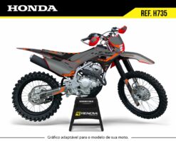 Moto Honda CRF 250F com kit gráfico personalizado Renova Grafix – Ref. H735, design agressivo em cinza, preto e laranja, adaptável a diferentes modelos, ideal para motocross e trilha.