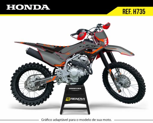 Moto Honda CRF 250F com kit gráfico personalizado Renova Grafix – Ref. H735, design agressivo em cinza, preto e laranja, adaptável a diferentes modelos, ideal para motocross e trilha.