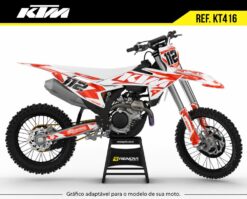 KTM 450 SX-F com kit gráfico laranja e branco Renova Grafix para motocross.