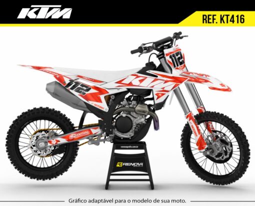KTM 450 SX-F com kit gráfico laranja e branco Renova Grafix para motocross.