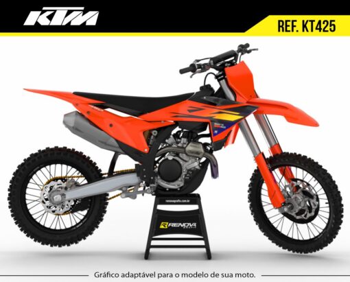 Moto KTM 450 SX-F 2026 réplica equipada com kit gráfico laranja, preto e detalhes em amarelo, design moderno da Renova Grafix.