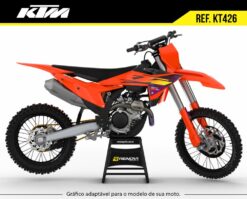 Moto KTM 450 SX-F 2026 réplica equipada com kit gráfico laranja, preto e detalhes em amarelo, design moderno da Renova Grafix.